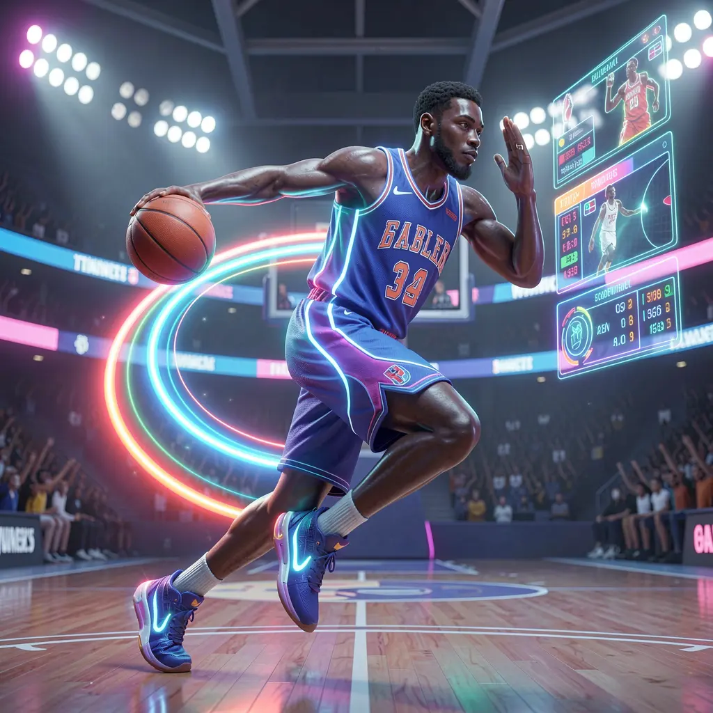 Glowing basketball player silhouette surrounded by holographic betting data and stadium lights representing live sports betting on TINOLA BET in the Philippines