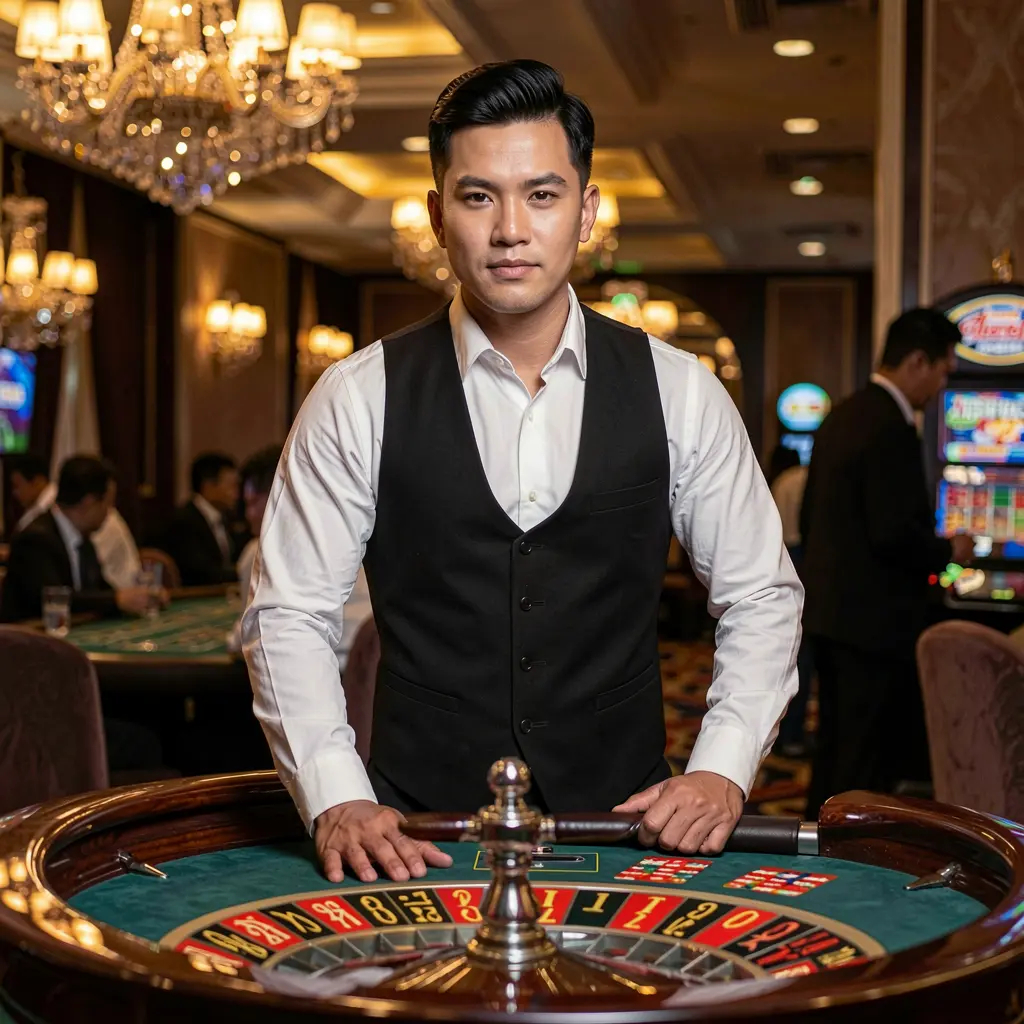Professional casino dealer standing at an illuminated roulette table inside a luxury gaming hall showcasing the high quality live casino experience at Tinola Bet in the Philippines