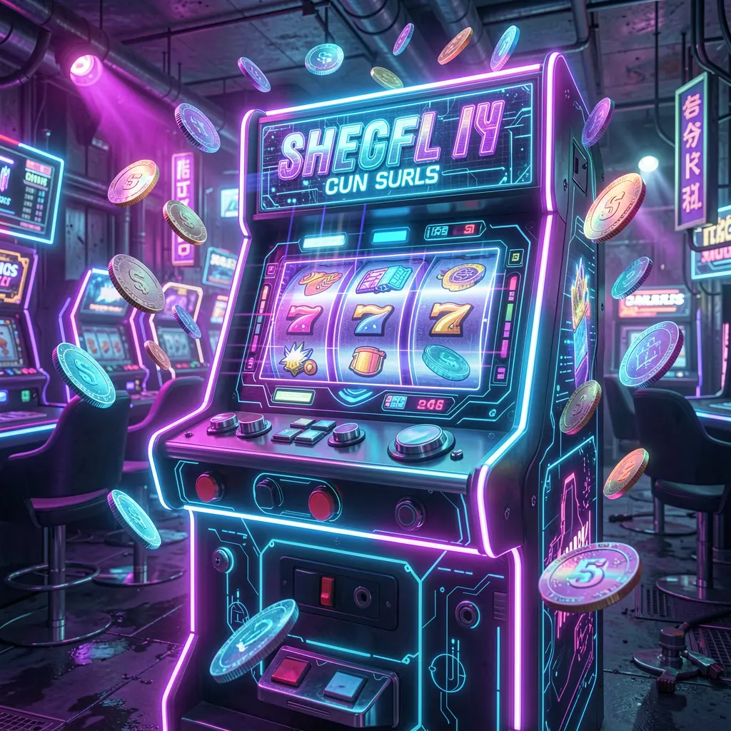 Futuristic slot machine with glowing reels and flying coins in a cyberpunk casino atmosphere showcasing premium online gaming at TINOLA BET Philippines